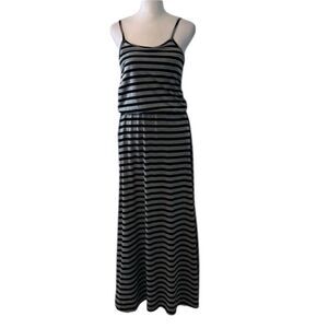 Poof! size small black and grey striped spaghetti strap maxi dress EUC